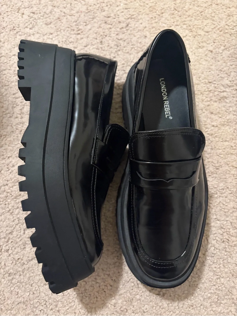 Black Leather Platform Penny Loafers for Women - Classic Slip-On; London Rebel